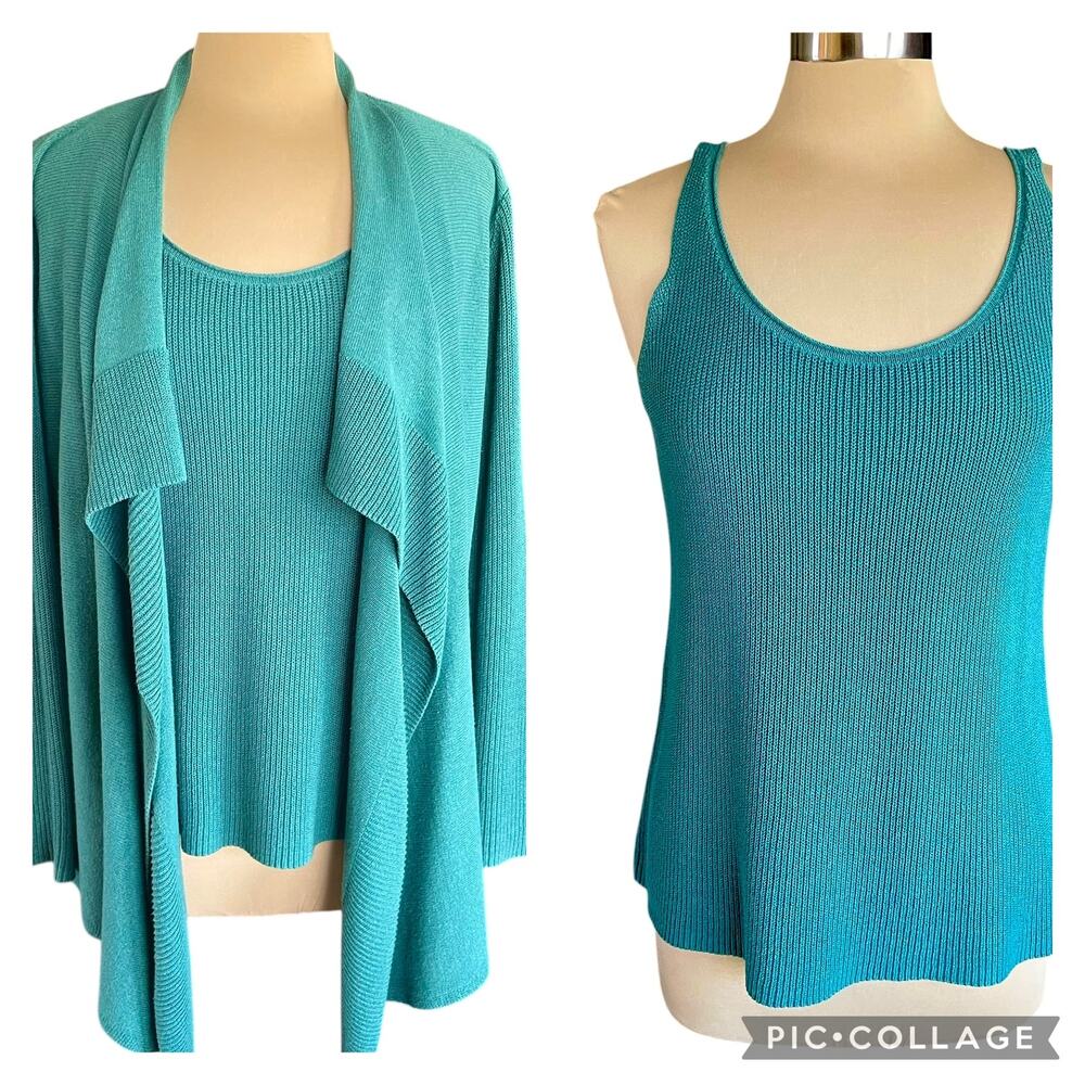 Eileen Fisher Drape Front Cardigan & Tank Set‎ Teal Green MED Career Minimalist